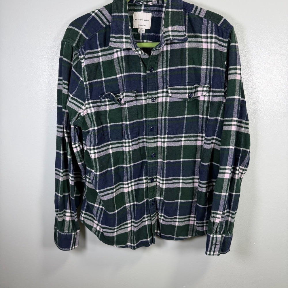 American‎ Eagle Super Soft Green Navy Plaid Flannel Shirt Large